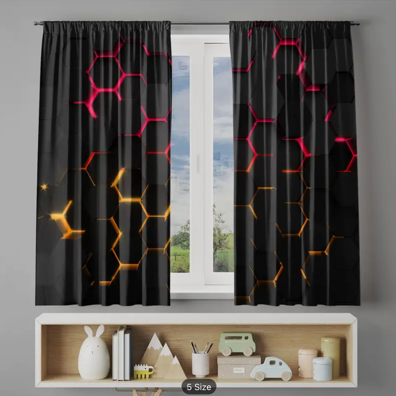 2pcs Blackout Thermal Insulated Curtains - Modern Window Drapes with Glowing Hexagon Patterns in Black, Orange, Red - Light Blocking & Energy Efficient Window Treatments