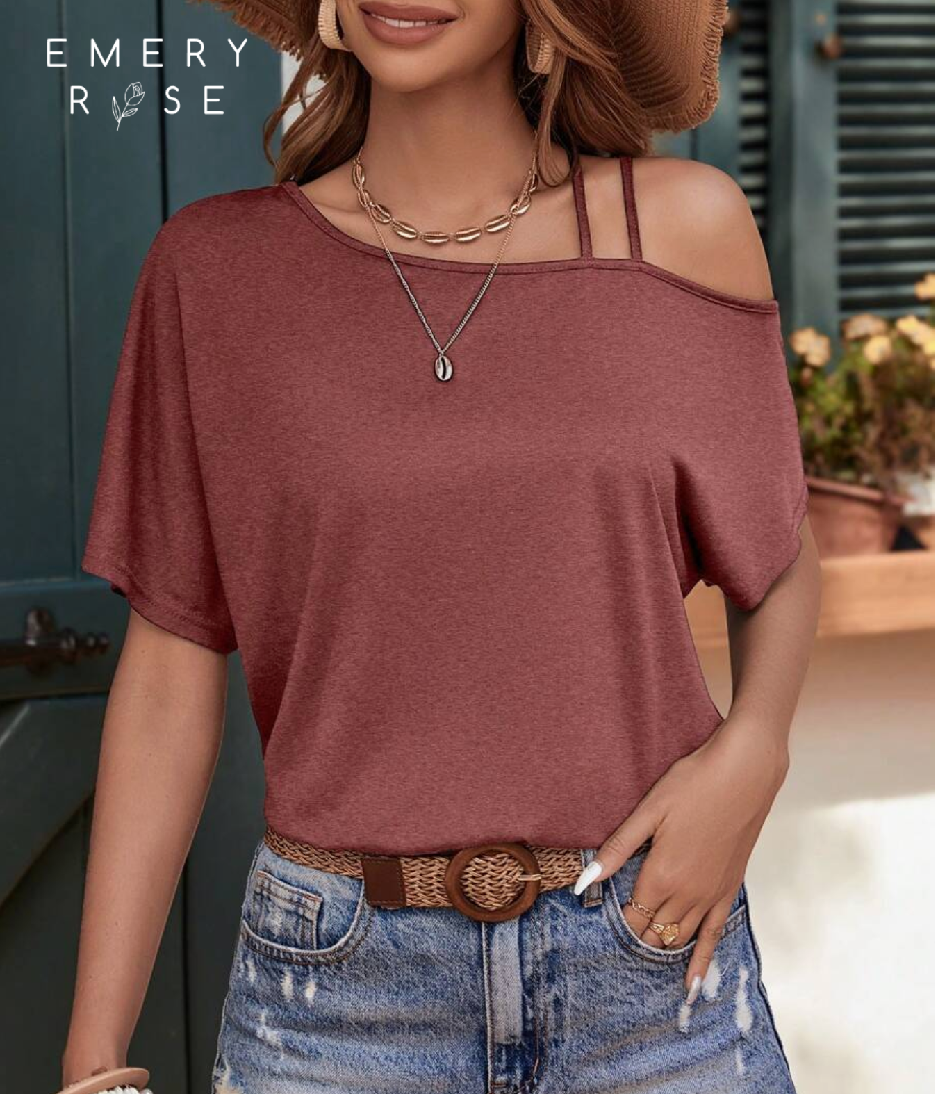 Easowa Women's Casual Knit Asymmetrical Neck Double Spaghetti Strap T-Shirt