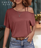 Easowa Women's Casual Knit Asymmetrical Neck Double Spaghetti Strap T-Shirt