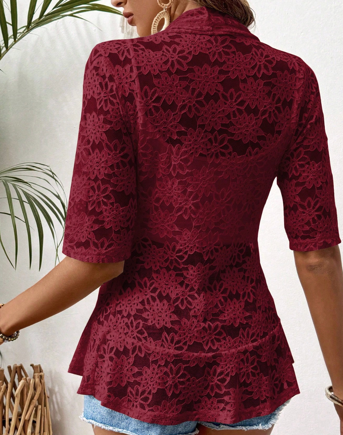 Breezaya Women Simple Casual Solid Color Mid-Sleeve Lace Jacket