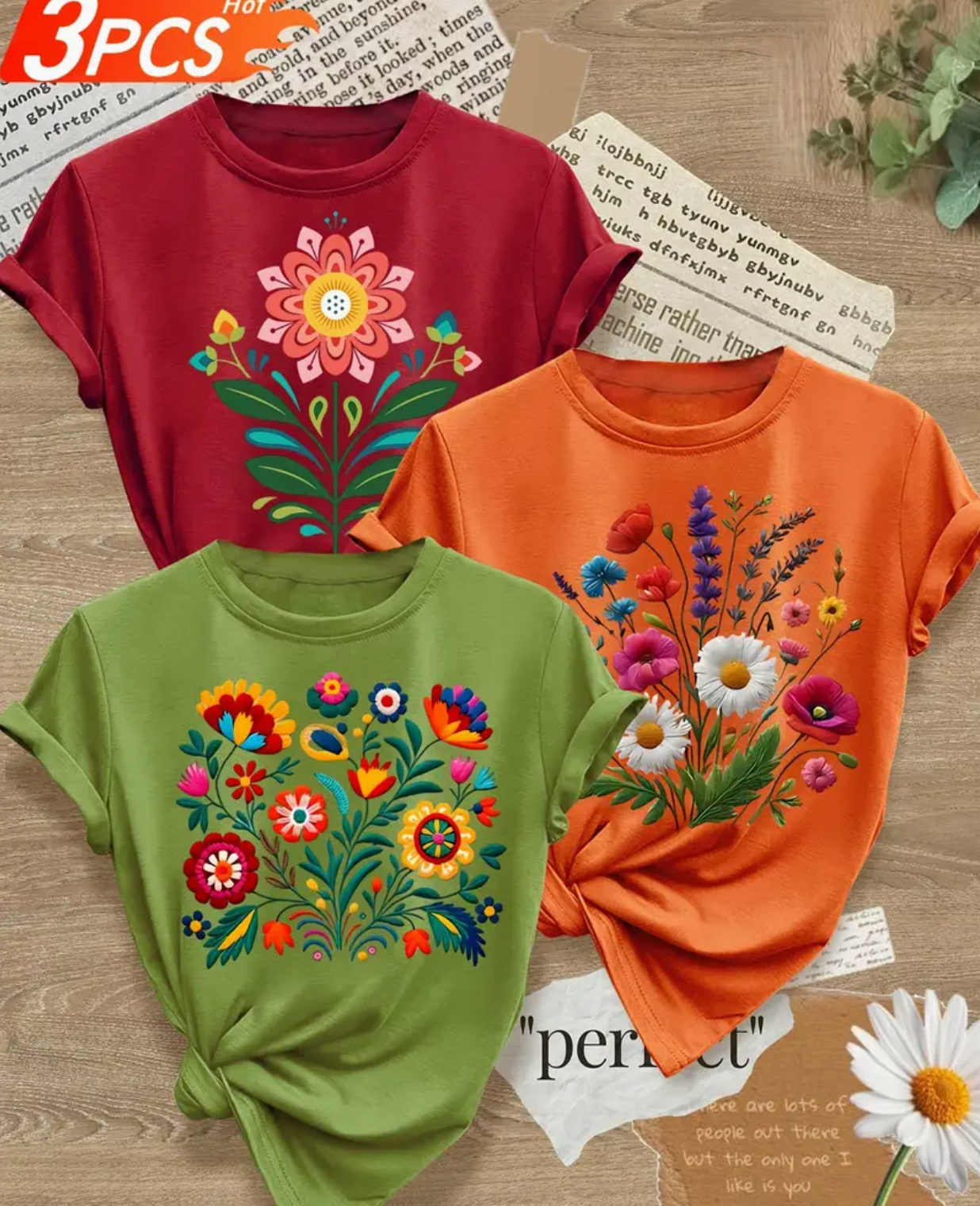 Women'S Floral Print T-Shirts 3pcs