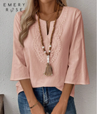 Women's Rusticease Solid Color Lace Patchwork Shirt Black Blouse
