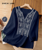 LUNE Women's White V-Neck Embroidered Short Sleeve Blouse