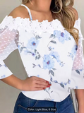 Women's Elegant Floral Print Off-Shoulder Top with Lace Sleeve Trim