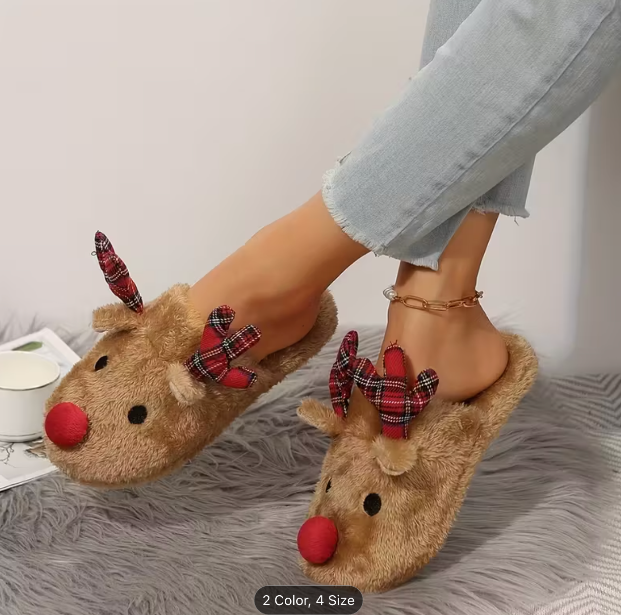Women's Christmas Reindeer Plush Slippers with Antlers & Red Nose
