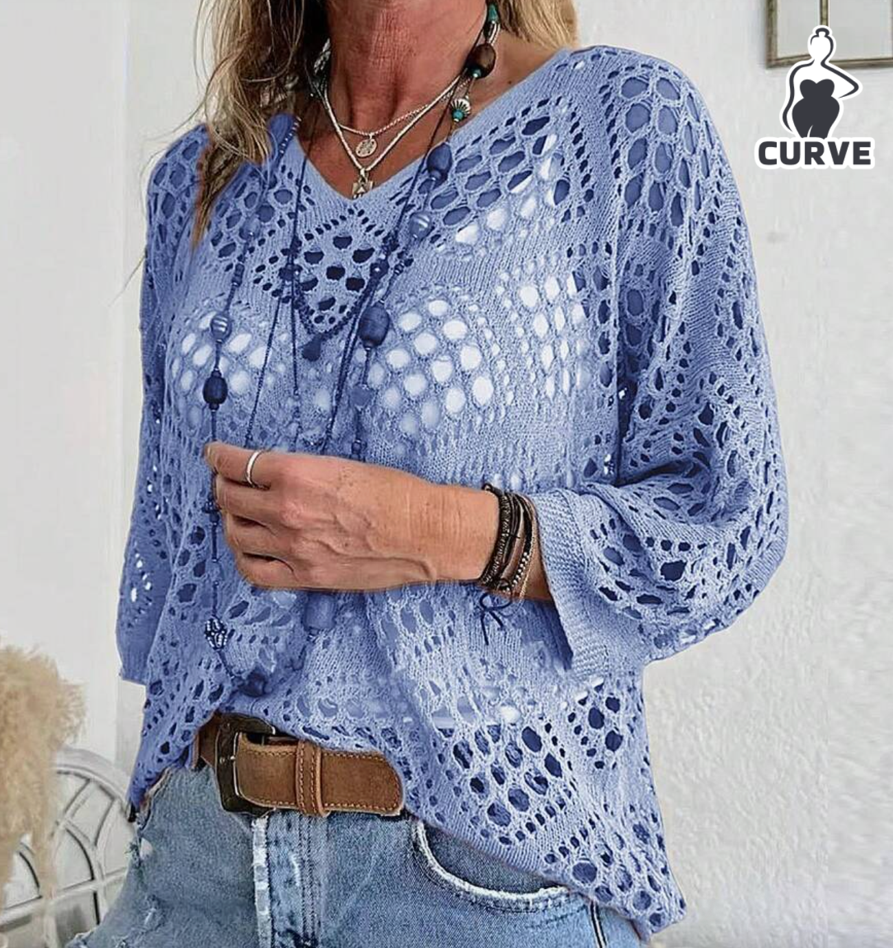 Plus Size Women Hollow Out Loose Knit Sweater