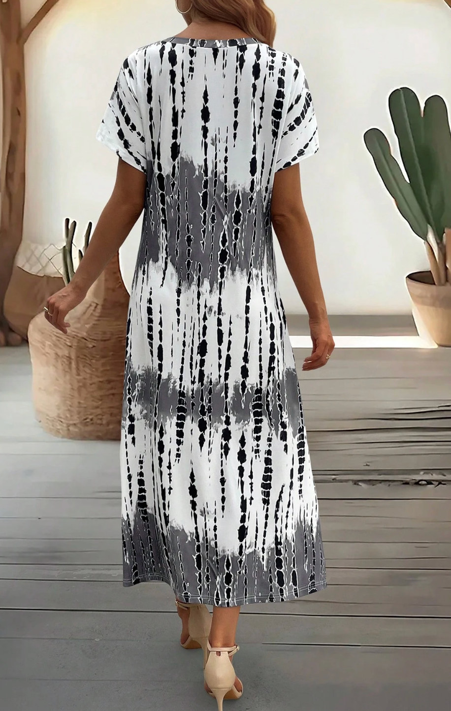Women Casual V-Neck Short Sleeve Loose Tie-Dye Printed Split Dress