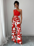 Women's Oblique Shoulder Patchwork Print Wide Leg Jumpsuit
