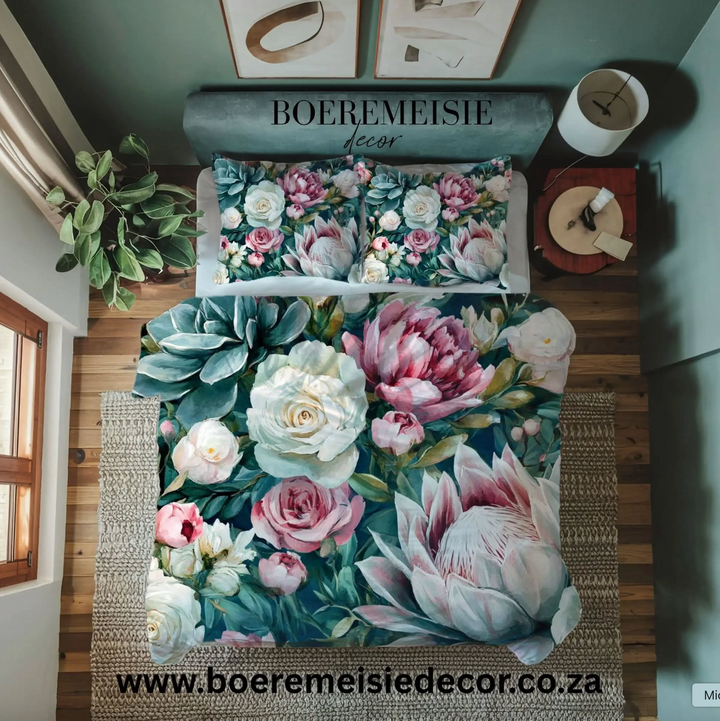 Proteas, wildflowers and rose Boeremeisie Duvet Cover