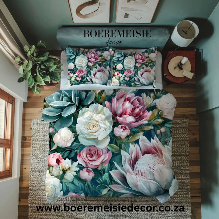 Enlarged Protea and White Rose Duvet Cover From Boeremiesie