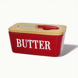 1pc, Ceramic Butter Box with Bamboo Lid and Knife, Ceramic Butter Dish, Creative Butter Dish with Butter Knife