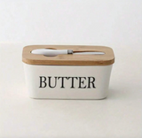 1pc Ceramic Butter Dish Set With Bamboo Lid And Knife - Airtight Silicone Sealed Butter Keeper For Kitchen Countertop And Refrigerator