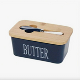1pc Ceramic Butter Dish Set With Bamboo Lid And Knife - Airtight Silicone Sealed Butter Keeper For Kitchen Countertop And Refrigerator
