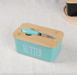1pc Ceramic Butter Dish Set With Bamboo Lid And Knife - Airtight Silicone Sealed Butter Keeper For Kitchen Countertop And Refrigerator