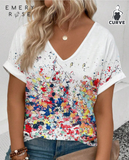 EMERY ROSE Plus Size V-Neck Short Sleeve T-Shirt With Gold Trim, Black Fabric, And Front Gold Heart