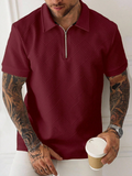 Manfinity Homme Men's Solid Color Half-Placket Short Sleeve Casual Summer Polo Shirt Men's Casual Tops Zipper Polo Shirt Men's Polo Shirts Burgundy Men's Shirt Men Clothes