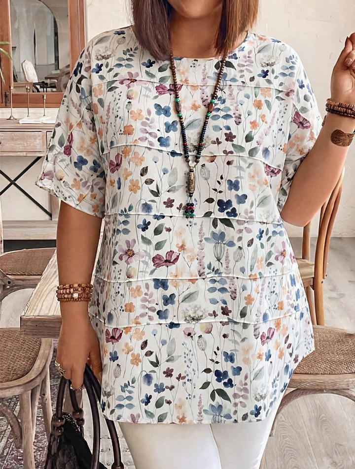 Plus Size Vintage Ditsy Floral Round Neck Short Sleeve Layered Shirt