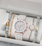 5pcs/Set Women's Silicone Strap Fashion Simple Numeric Scale Dial Quartz Wrist Watch + Bracelet Set