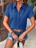 Breezaya Solid Button Front Shirt,Short Sleeve Tops