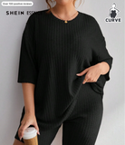 SHEIN Essnce Plus Size Women's Solid Color Round Neck Drop Shoulder T-Shirt And Shorts Casual 2-Piece