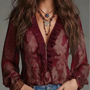 Vintage Design Elegant Vacation Style Baroque Paisley Pattern Ruffle Zipper Chiffon Blouse