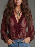Vintage Design Elegant Vacation Style Baroque Paisley Pattern Ruffle Zipper Chiffon Blouse