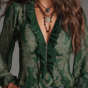 Vintage Design Elegant Vacation Style Baroque Paisley Pattern Ruffle Zipper Chiffon Blouse