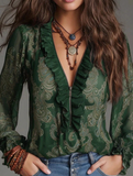 Vintage Design Elegant Vacation Style Baroque Paisley Pattern Ruffle Zipper Chiffon Blouse