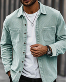Lightweight Corduroy Polyester Men's Casual Shirt Jacket, Turndown Collar Button Long Sleeve