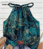 LUNE Women's Pastoral Elegant Floral Print Halter Neck Camisole - Bohemian Summer Style, Perfect For Island Vacations, Sailing Trips, Beach & Cruise Wear, Music Festivals, Concerts, Wedding Guest Attire, C,Summer Top