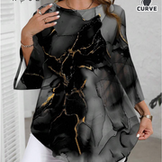 EMERY ROSE Plus Size Water-Ink Marble Textured Pattern Round Neck Long Sleeve Shirt,