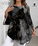 EMERY ROSE Plus Size Water-Ink Marble Textured Pattern Round Neck Long Sleeve Shirt,