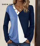 SHEIN LUNE Colorblock Button Detail Drop Shoulder Tee Graphic Tees Women Tops