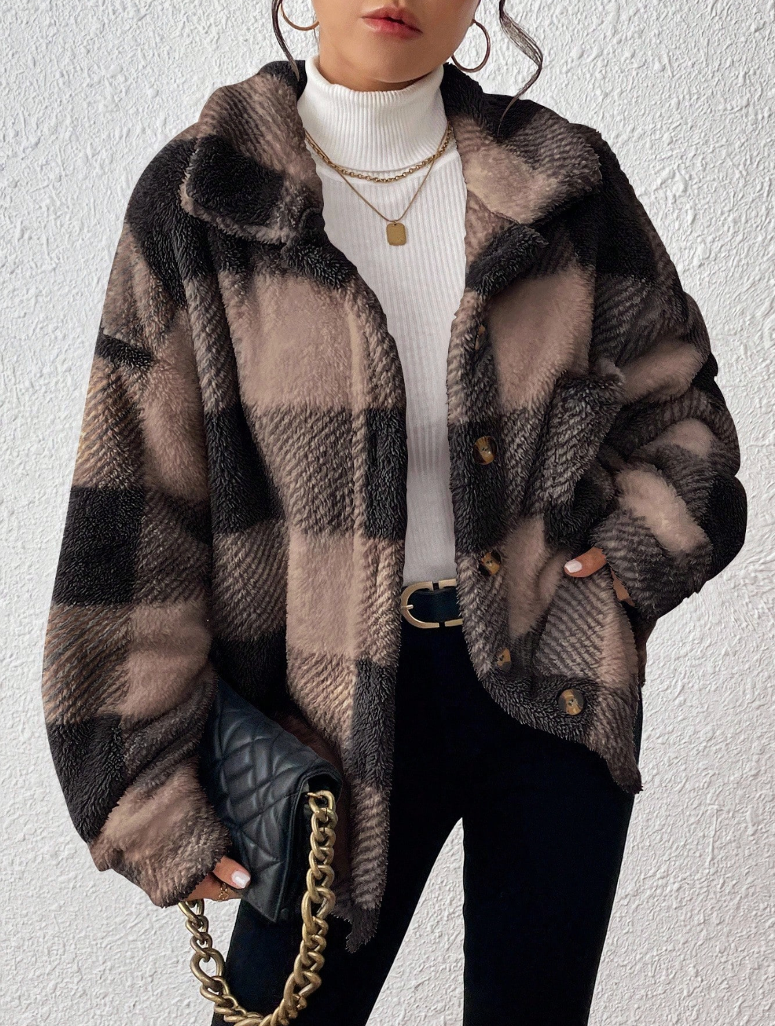 PETITE CURVE Plus Size Women Plaid Drop Shoulder Long Sleeve Single-Breasted Loose Fuzzy Jacket, Autumn/Winter