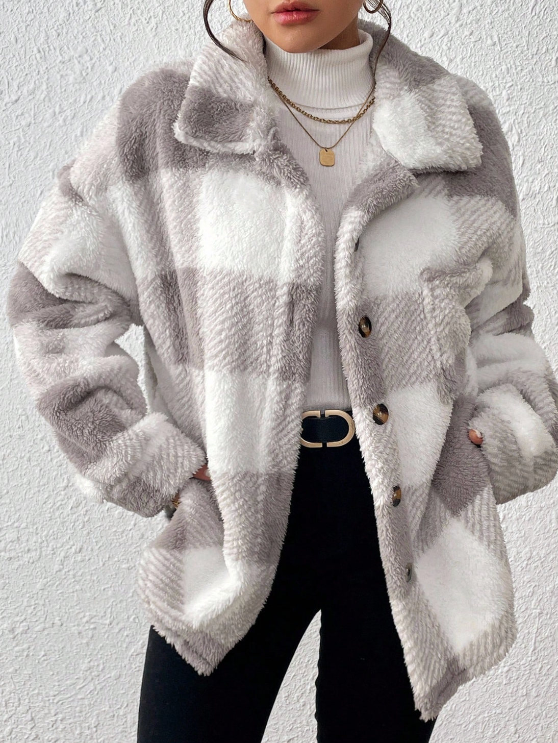 INAWLY Plus Size Plaid Print Pocket Front Button Long Sleeve Jacket, Autumn/Winter Fall Cloth For Women