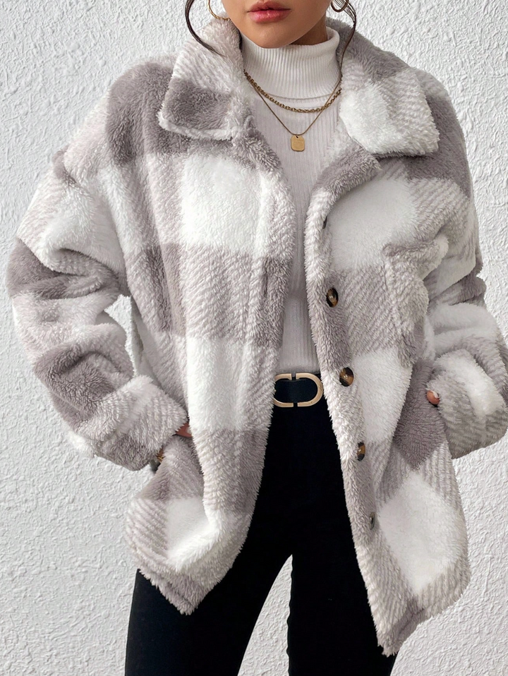 INAWLY Plus Size Plaid Print Pocket Front Button Long Sleeve Jacket, Autumn/Winter Fall Cloth For Women