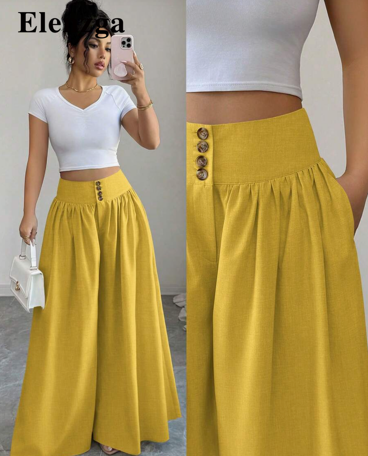 Elenzga Striped Print Button Decor Slant Pocket Casual Alternative Wide Leg Pants