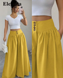 Elenzga Striped Print Button Decor Slant Pocket Casual Alternative Wide Leg Pants