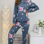 Women Floral Print Crew Neck Long Sleeve Top And Long Pants Pajama Set, Fall Winter Clothes