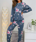 Women Floral Print Crew Neck Long Sleeve Top And Long Pants Pajama Set, Fall Winter Clothes