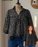 Rusticease Plus Size Women Spring/Autumn Casual Vacation Style Ditsy Floral Lantern Sleeve