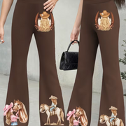 Girls' Western Cowboy Little Horse Print Flare Pants, High-Waist Stretch Fabric, Comfortable And Skin-Friendly, Fashionable Bell Bottom Style, Elastic Waistband, Easy to Wear, Suitable for School, Playtime Outings, Outdoor Activities, for Outdoor