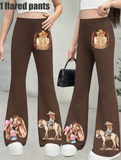 Girls' Western Cowboy Little Horse Print Flare Pants, High-Waist Stretch Fabric, Comfortable And Skin-Friendly, Fashionable Bell Bottom Style, Elastic Waistband, Easy to Wear, Suitable for School, Playtime Outings, Outdoor Activities, for Outdoor