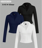 SHEIN EZwear 3pcs/Set Casual Minimalist White, Black, Navy Blue Knit Zip-Up Long Sleeve T-Shirts