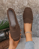 Women's Knitted Flat Shoes, Comfortable Square Toe Loafers, Breathable Mom Shoes