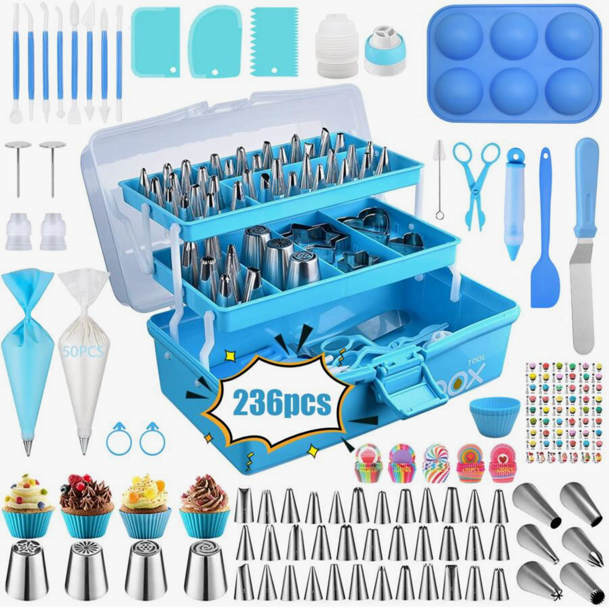 236pcs Cake Decorating Tool Set, Including Piping Nozzles, Piping Bags, Cake Molds, Cream Spatula, Cake Decorations, Spray Nozzles, Cupcake Liners, Baking Trays, Baking Tools, Cream, Cookies, Kitchen Gadgets
