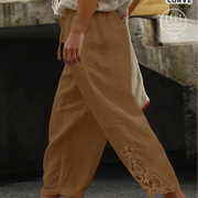 LUNE CURVE Plus Size Casual Cotton Linen Patchwork Embroidered Floral Hem Pants Fall