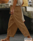 LUNE CURVE Plus Size Casual Cotton Linen Patchwork Embroidered Floral Hem Pants Fall