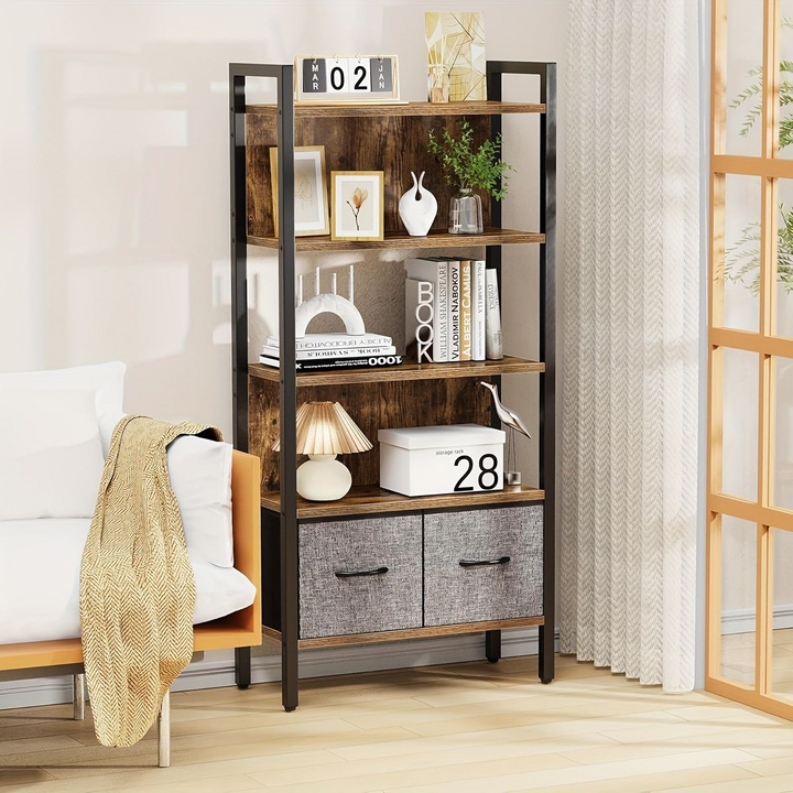 5-Tier Open Bookcase Rustic Industrial Style Metal Shelf with Drawer