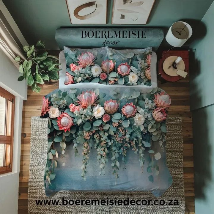 Pink Protea and white rose Boeremeisie Duvet Cover